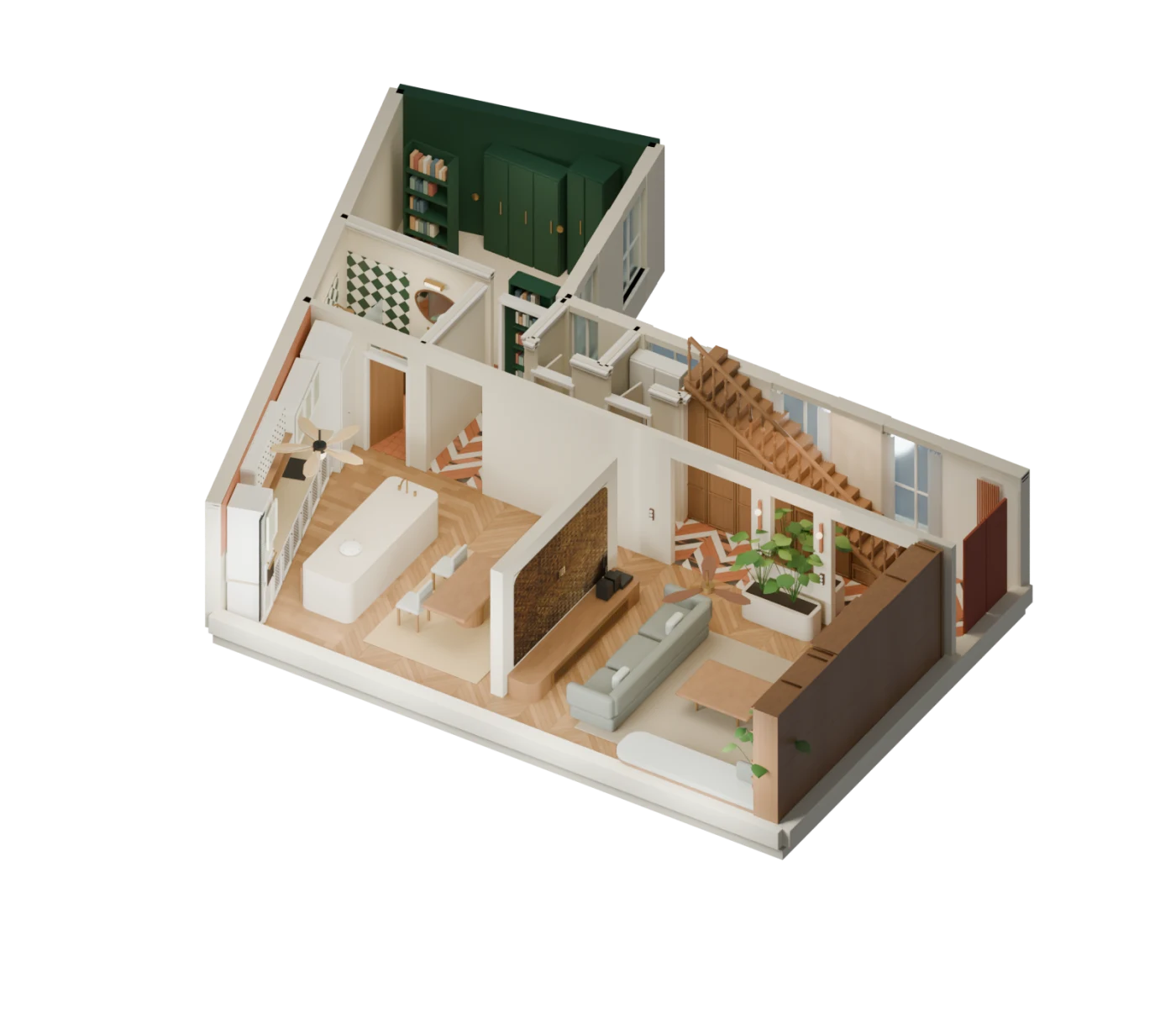 Maquette 3D du premier étage du duplex Vavin — Studio Emsé